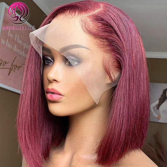 AngelBella Queen Doner Virgin Hair 13X4 Transparent 99J# Bob Wig Straight Raw Hair Lace Frontal Human Hair Wigs